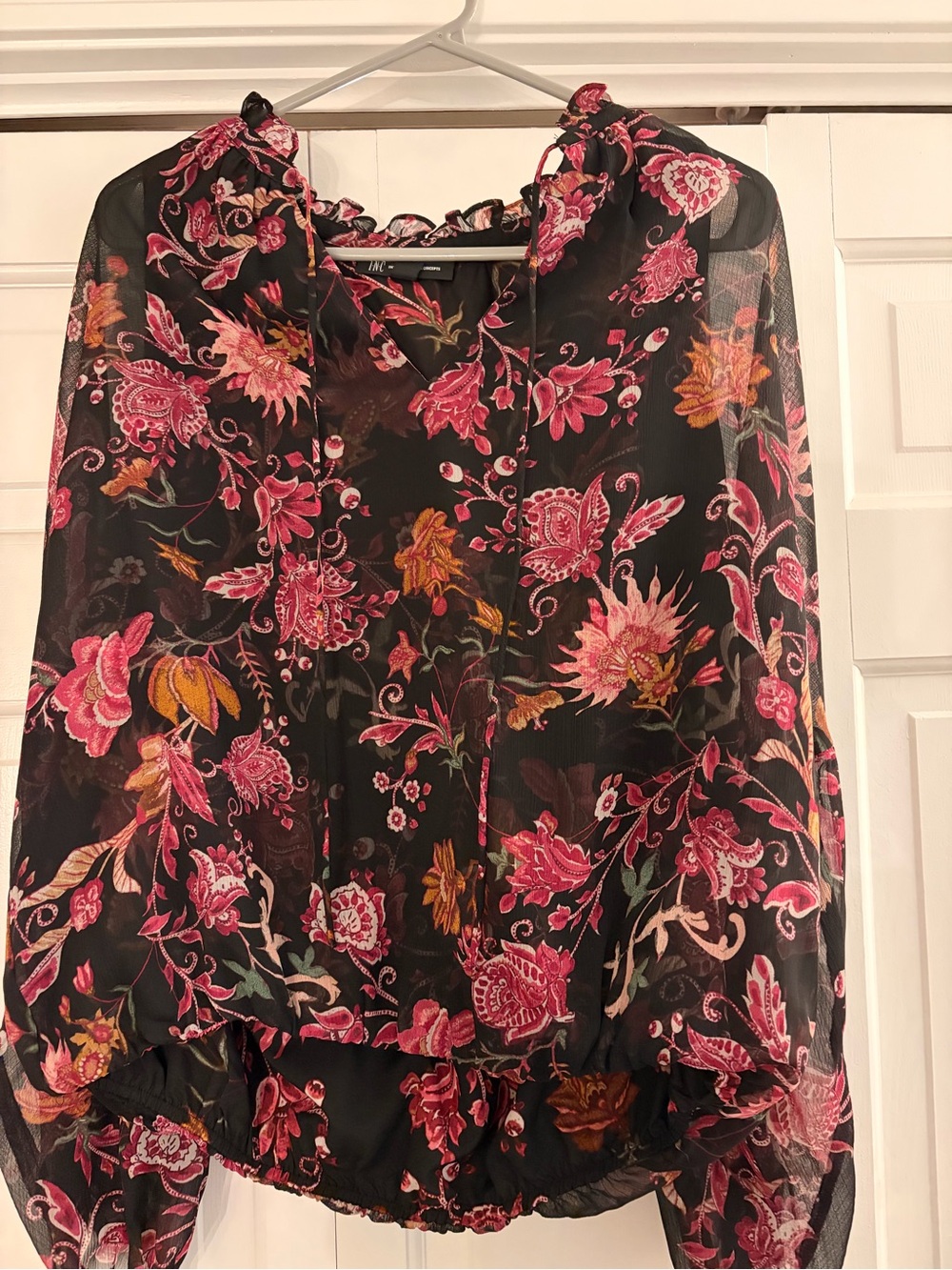 INC International Concepts Black Sheer Floral Blouse with Pink & Gold Flowers